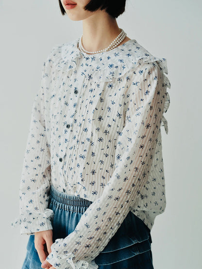 Floral Navy Collar Long Sleeve Shirt