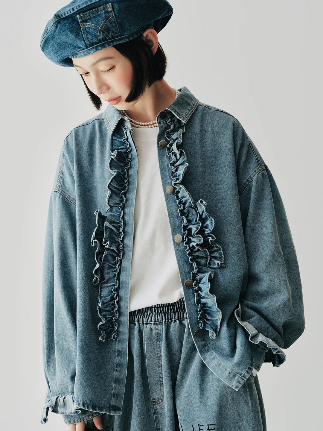 Denim Ruffle-Front Long-Sleeved Shirt