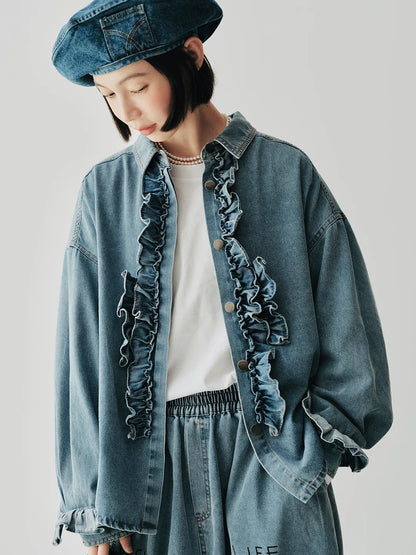 Denim Ruffle-Front Long-Sleeved Shirt