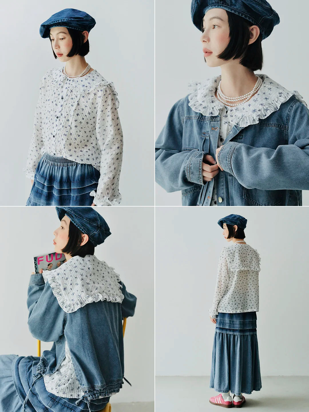 Floral Navy Collar Long Sleeve Shirt