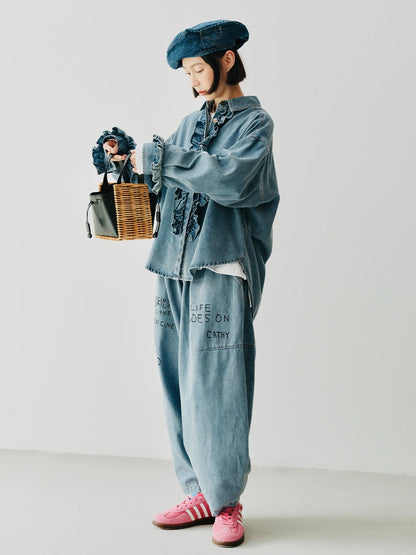 Denim Ruffle-Front Long-Sleeved Shirt