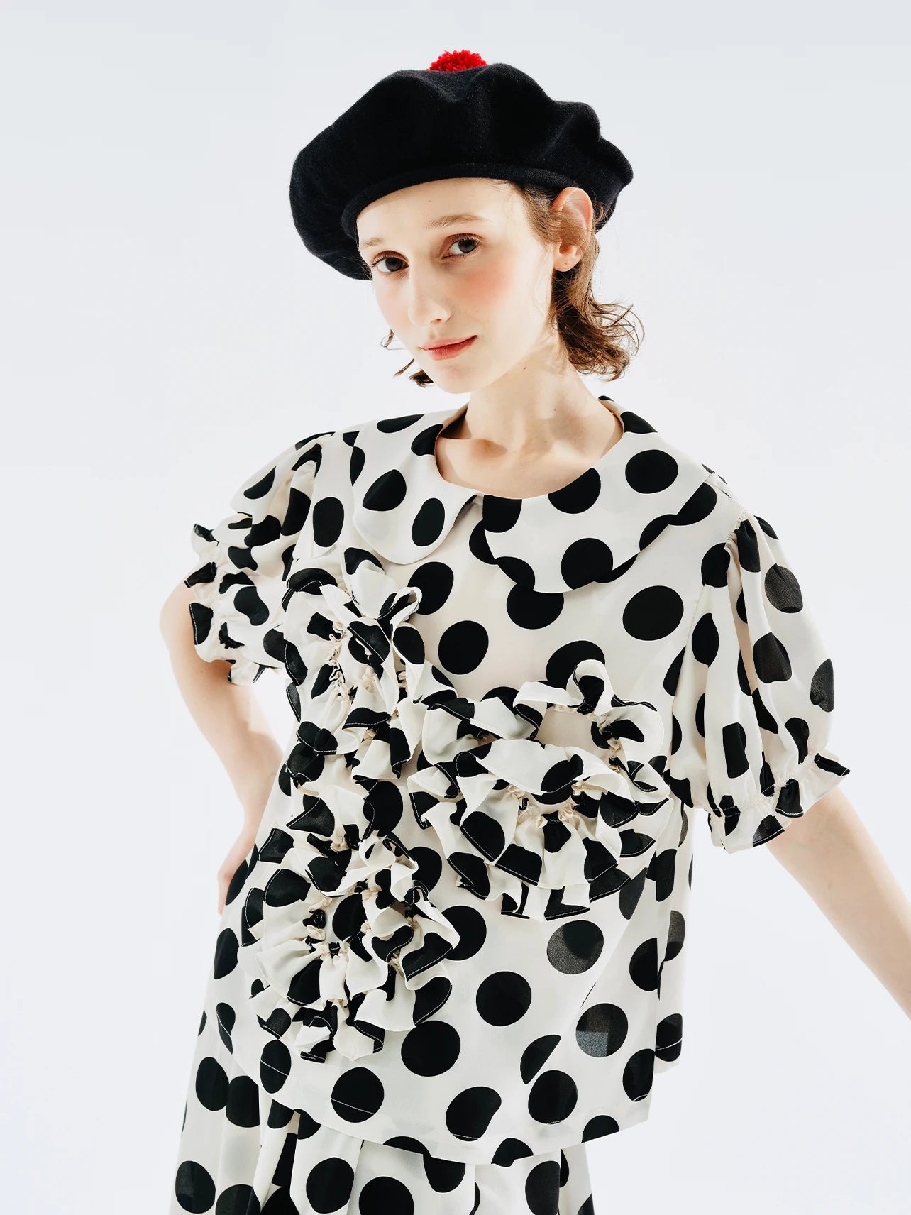 Polka Dot Ruffle Accent Blouse