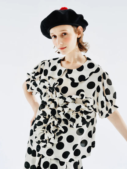 Polka Dot Ruffle Accent Blouse