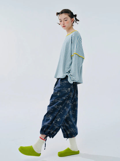 Navy Animal Print Drawstring Pants