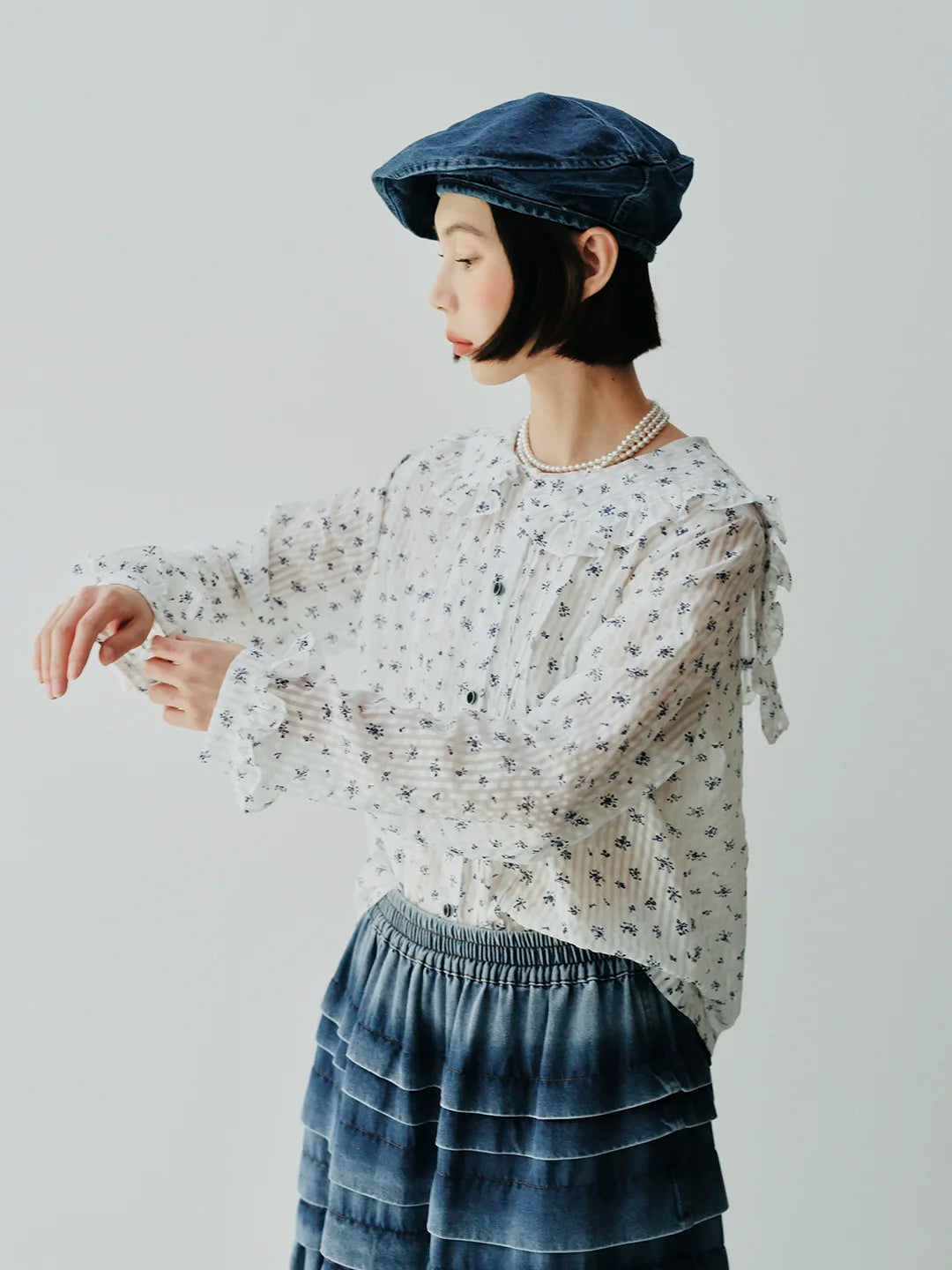 Floral Navy Collar Long Sleeve Shirt