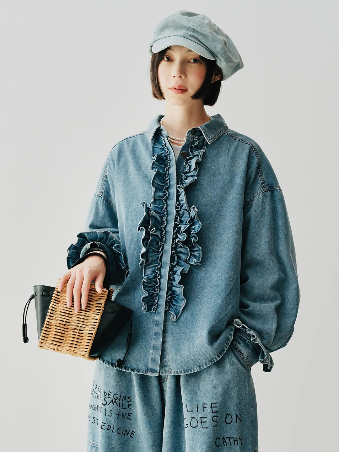 Denim Ruffle-Front Long-Sleeved Shirt