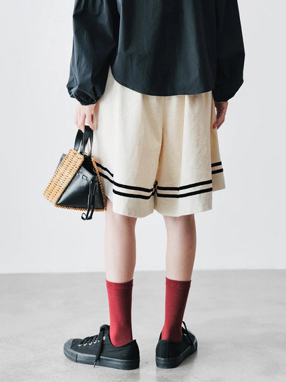 Sailor Striped Hem Wide-Leg White Shorts