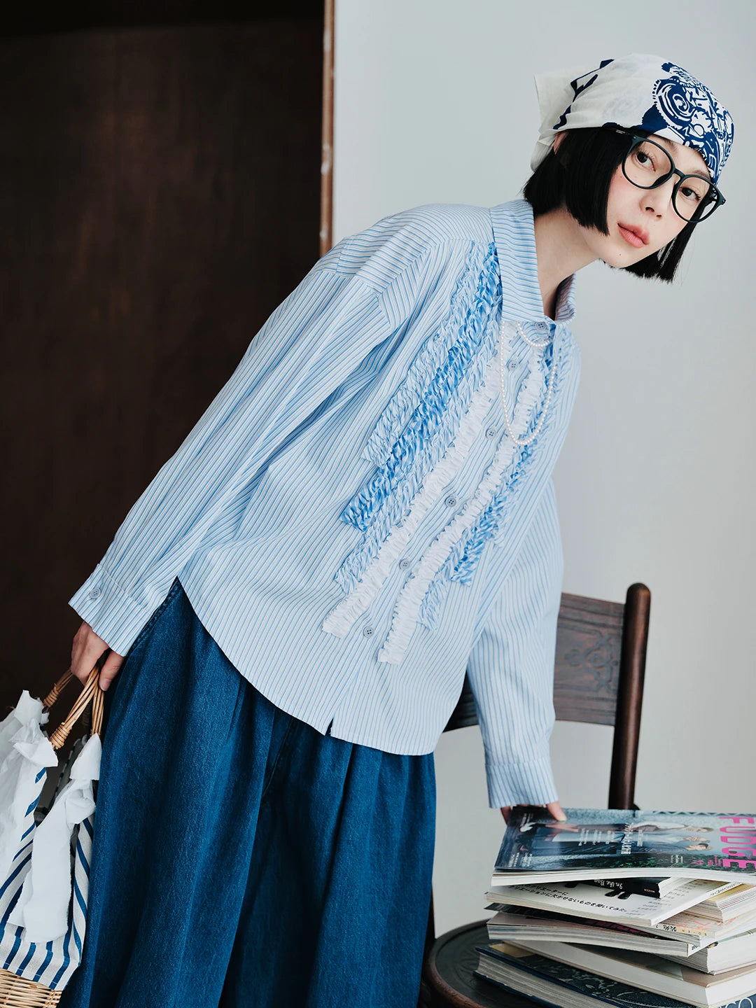 Blue Striped Lace Patchwork Long-Sleeve Shirt