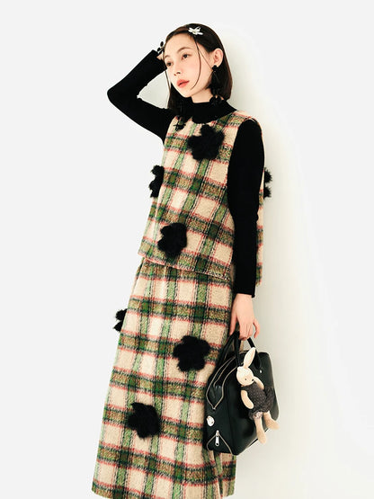 Plaid Flower Bow-Tie Sleeveless Woolen Vest