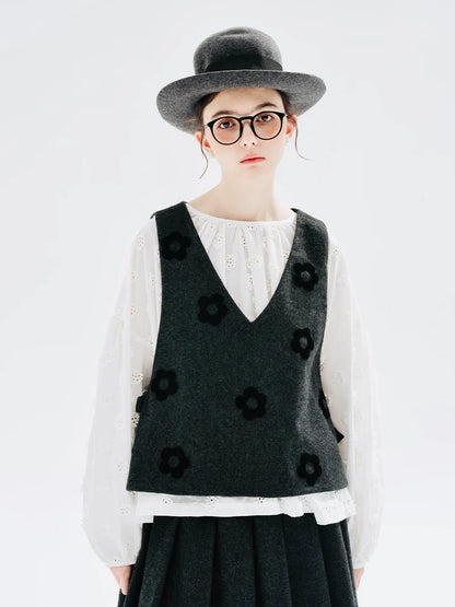 Black Flower Woolen Sleeveless Vest