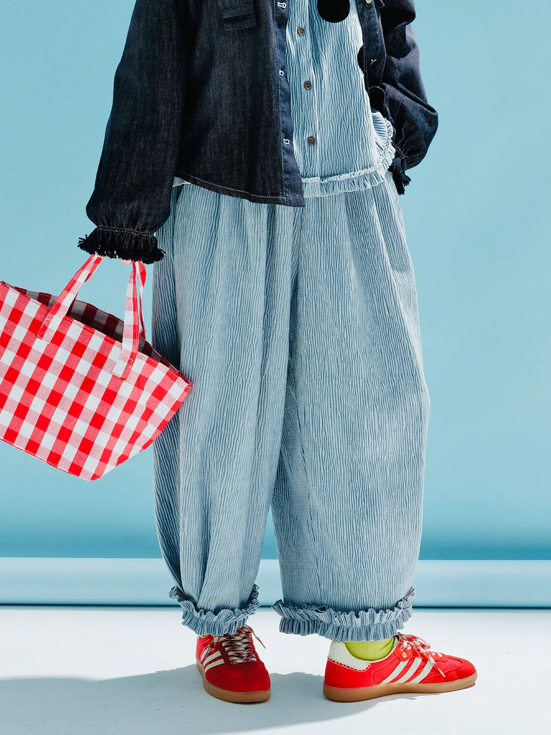 Light Blue Ruffled Wide-Leg Pants