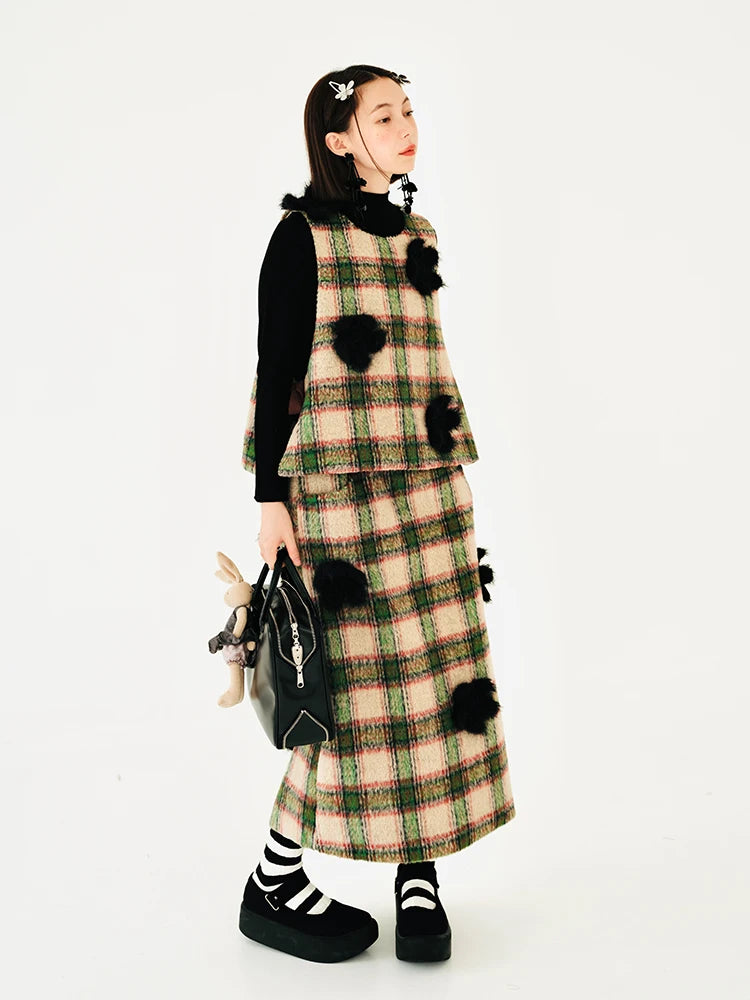 Plaid Flower Bow-Tie Sleeveless Woolen Vest