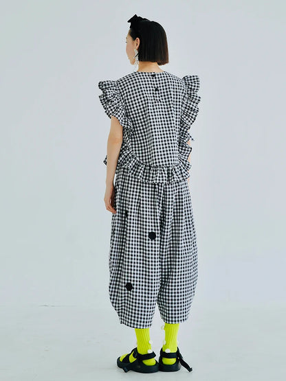 Gingham Ruffle Wide-Leg Trousers