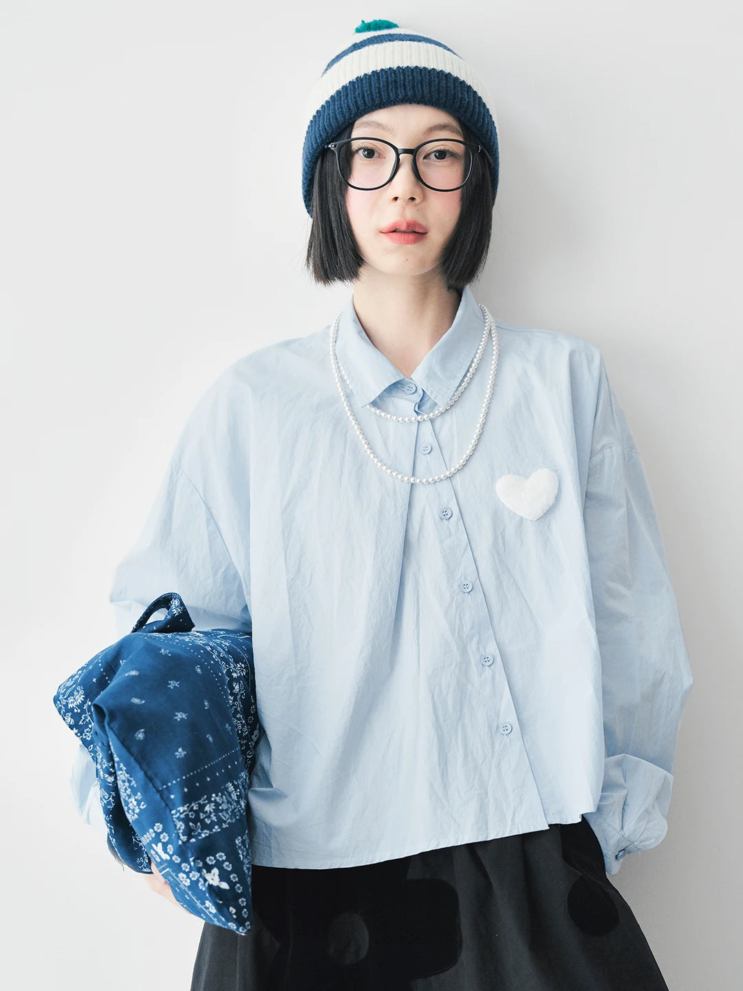 Heart Patch Sky-Blue Button-Up Blouse
