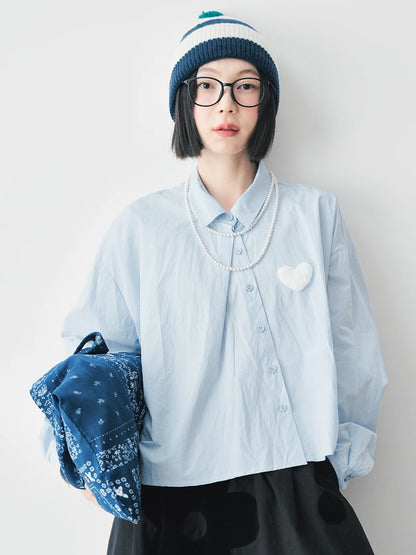 Heart Patch Sky-Blue Button-Up Blouse