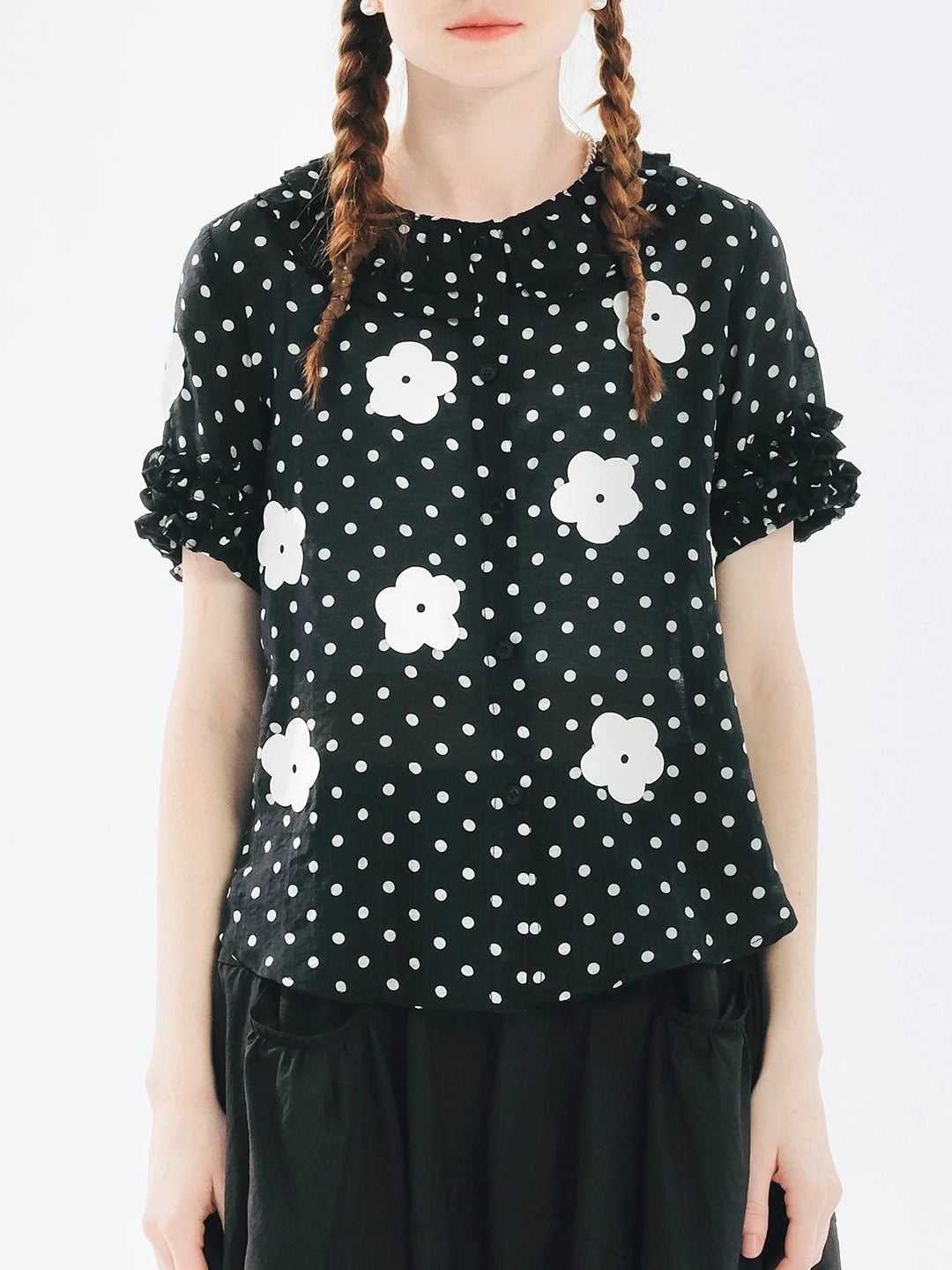 Polka Dot Floral Ruffle Sleeve Blouse