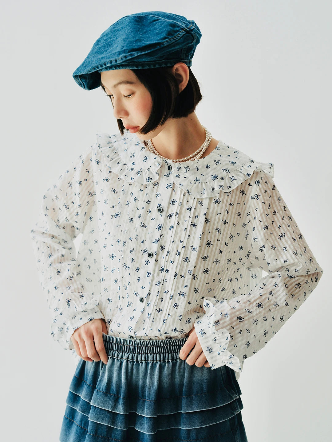 Floral Navy Collar Long Sleeve Shirt