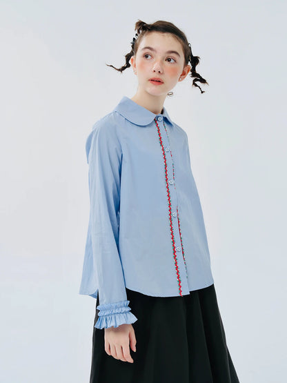 Blue Ruffled Collar Button-Down Shirt