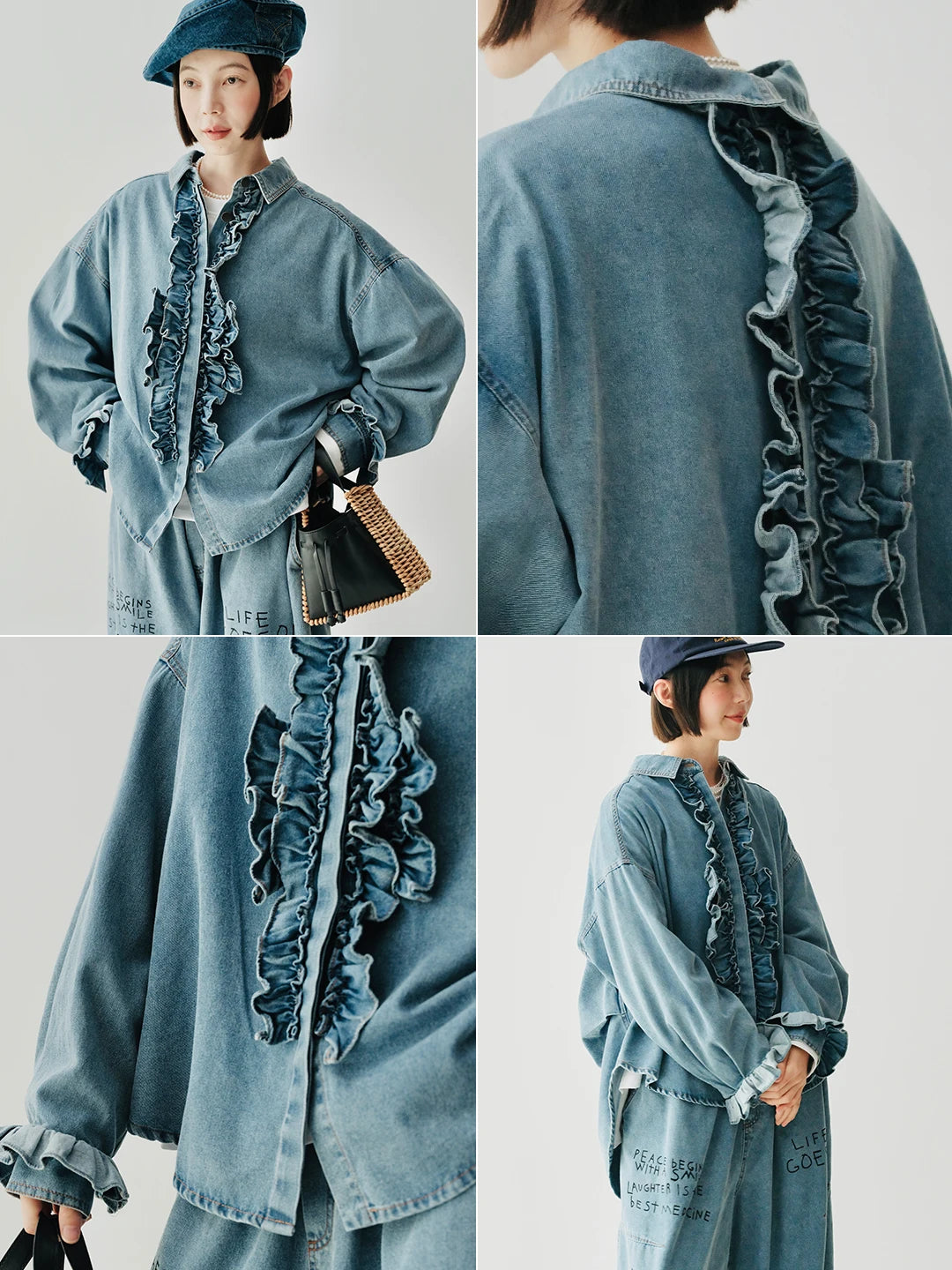 Denim Ruffle-Front Long-Sleeved Shirt